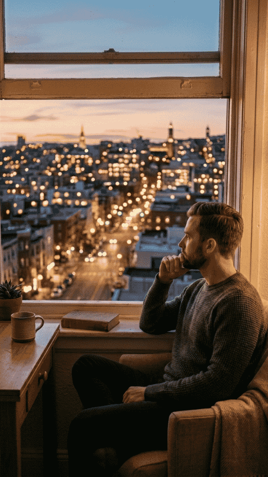 Cómo conocerse a uno mismo: hombre reflexivo mirando la ciudad desde una ventana | Proyecto Awakenova