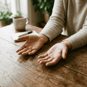 Cómo conocerse a uno mismo: manos abiertas sobre una mesa representando el soltar y el no saber | Proyecto Awakenova