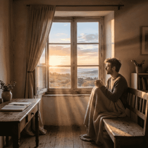 Cómo conocerse a uno mismo: hombre en silencio contemplando el amanecer desde una ventana | Proyecto Awakenova
