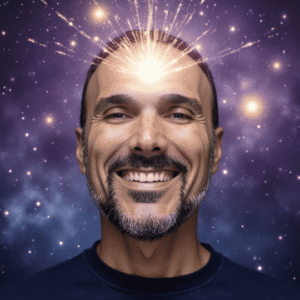Hombre con un destello de energía en la mente, símbolo del despertar en el crecimiento personal