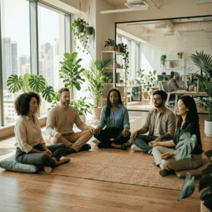 Equipo de trabajo meditando en un retiro espiritual corporativo