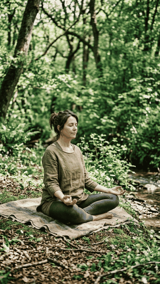 retiros-espirituales-meditacion-bosque-awakenova Mujer meditando en un retiro espiritual en medio del bosque