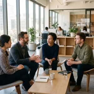 Equipo de trabajo conversando en círculo con atención genuina, representando la autopercepción y la conciencia de sí mismo en el ámbito laboral