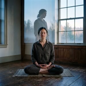 Persona meditando con una silueta translúcida detrás observándose a sí misma, representando la conciencia testigo dentro de la conciencia de sí mismo