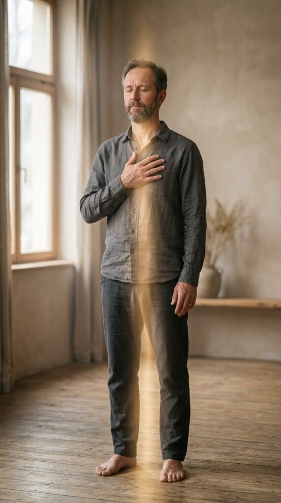 Hombre en meditación de pie con luz cálida recorriendo su cuerpo, representando la conciencia de sí mismo y la coordinación entre percepción, cuerpo y mente