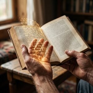 Manos sosteniendo un libro con texto que se transforma en luz, símbolo de la conciencia de sí mismo y la diferencia entre entender y comprender